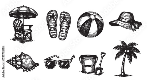 Vintage-style black-and-white illustrations featuring a sun umbrella, flip-flops, beach ball, wide-brimmed hat, seashell, sunglasses, sand pail with shovel, and a palm tree.