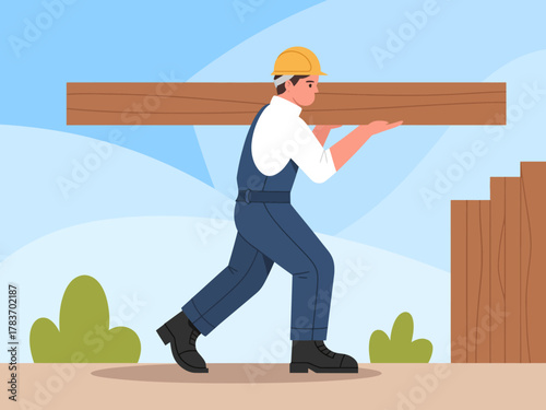 The image depicts a laborer suited for construction, carrying a large piece of lumber while working, reflecting dedication and hard work in a professional setting.