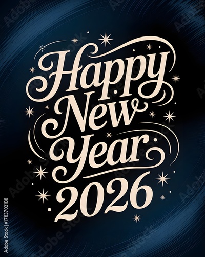 Elegant calligraphy wishing a happy new year 2026 with sparkling stars and swirls on a dark blue textured background, a festive celebration design