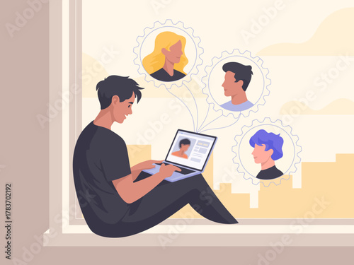 The image illustrates a young man using his laptop to connect with others online, emphasizing the importance of digital communication in modern social interactions and relationships.