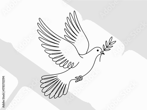 This minimalist line art illustration features a dove gracefully holding an olive branch, symbolizing peace, hope, and harmony in a clean and elegant design.