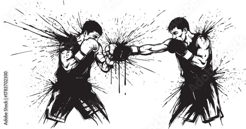 Dynamic black and white sketch illustrating two young male boxers in action, with expressive ink splatters adding intensity to the scene.