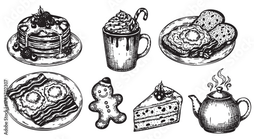 Hand-drawn black and white illustrations of various breakfast foods including pancakes, a whipped cream topped mug, fried eggs with toast, bacon with eggs, a gingerbread cookie, cake slice, and a stea