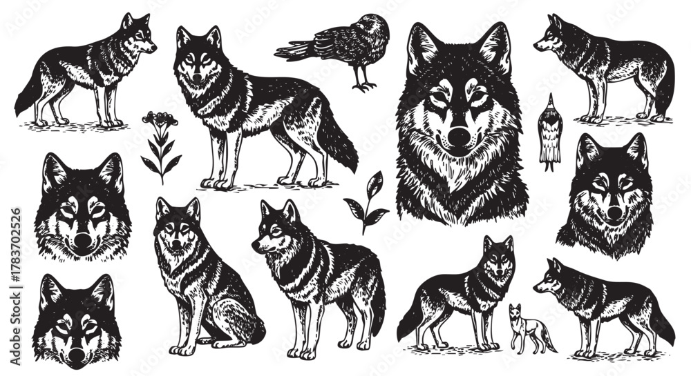 Obraz premium Black detailed sketches of wolves and a raven, various poses including standing, howling, and close-up face views with accompanying nature elements.