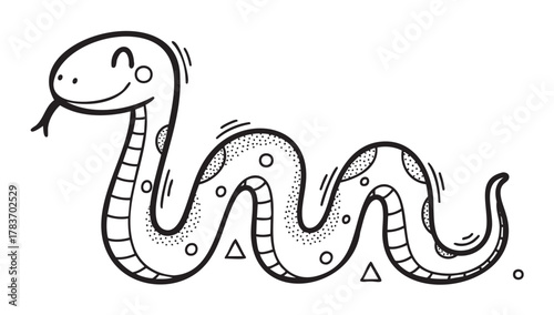 Black and white cartoon illustration of a smiling snake with a long, patterned body and a small tongue sticking out.