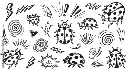 Black and white hand-drawn doodle illustration featuring ladybugs of various sizes among dynamic, whimsical design elements like spirals and lightning bolts.