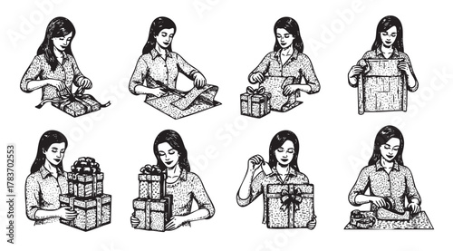Black and white illustrations of a young caucasian female showing different steps of gift wrapping, including cutting, folding, and tying ribbons.