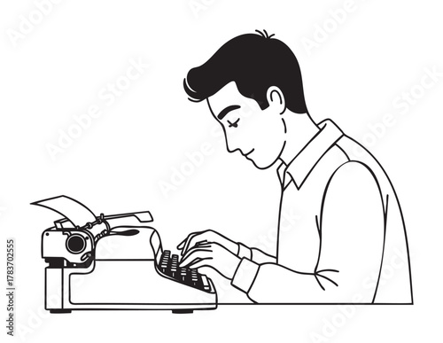 Black and white line drawing of a young caucasian male typing on a vintage typewriter with a focused expression.