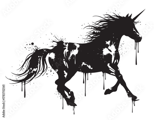 Silhouette of a unicorn in motion with splattered paint effects and a flowing mane, capturing a sense of movement and fantasy.