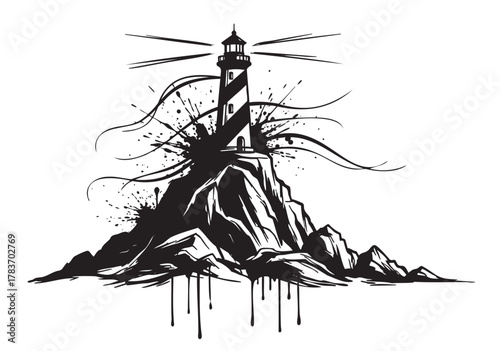 Black and white stylized illustration of a lighthouse atop a rocky cliff, with artistic ink splashes and sweeping lines creating a dynamic and dramatic effect.