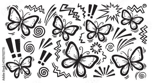 Black outlined butterflies and abstract symbols including exclamation marks and zigzag lines scattered randomly.