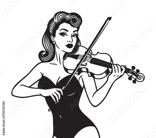 Retro-style black and white illustration of a young caucasian female violinist in a form-fitting outfit, playing the violin with poise and grace.