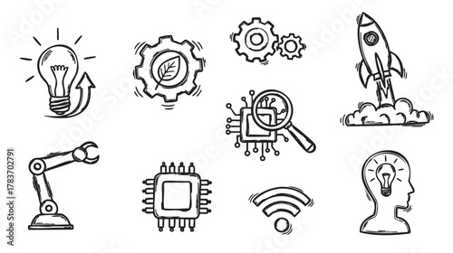 Hand-drawn sketch icons depicting innovation and technology concepts, including a lightbulb, rocket, robotics arm, gears, circuit chip, and wi-fi symbol.