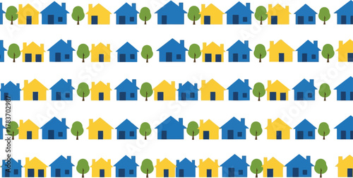 Simple colorful house street seamless border pattern vector illustration kids neighborhood background print.