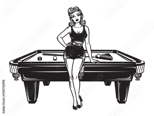 Retro female cartoon character in shorts and tank top leaning on a billiards table with a confident pose and hand on hip.