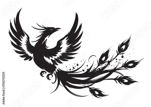 Black silhouette of a majestic phoenix with elaborate tail feathers extending in a flowing pattern, symbolizing rebirth and transformation.
