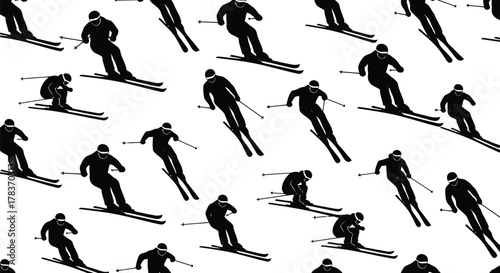 Black skier silhouette seamless pattern background winter sport activity graphic vector illustration print.