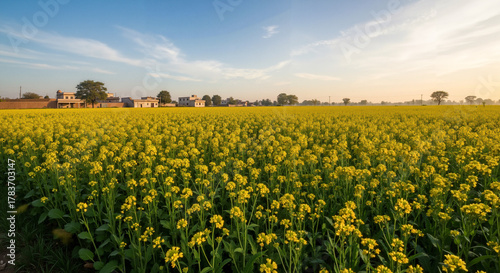 Bright yellow mustard flower field under blue sky at sunset. Mustard field Punjab.  