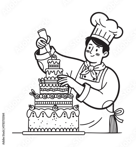 A caucasian male chef, wearing a traditional chef hat and apron, skillfully decorates a multi-tiered cake with intricate patterns using a piping bag.