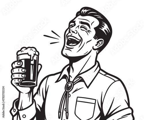 Black and white illustration of a caucasian male adult joyfully laughing while holding a frothy beverage in his hand.