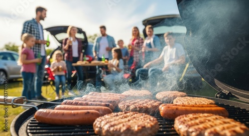 Fototapeta Naklejka Na Ścianę i Meble -  Family and friends enjoying a barbecue picnic with grilling burgers and hot dogs on a sunny summer day