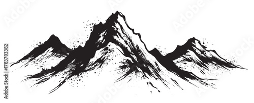 Black ink sketch of rugged mountain peaks with snow-capped summits and detailed textures, conveying a sense of adventure and nature's majesty.
