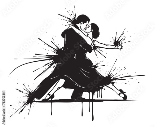 Black ink silhouette of a couple passionately dancing tango, with bold splatter effects highlighting their dynamic movement.
