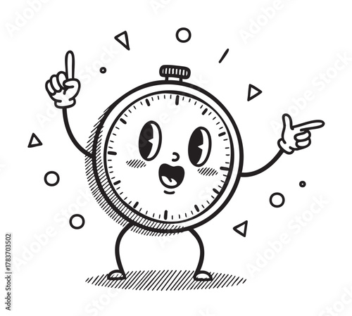 Whimsical cartoon stopwatch character with expressive face and gestures, surrounded by geometric shapes, conveying a cheerful and playful mood.