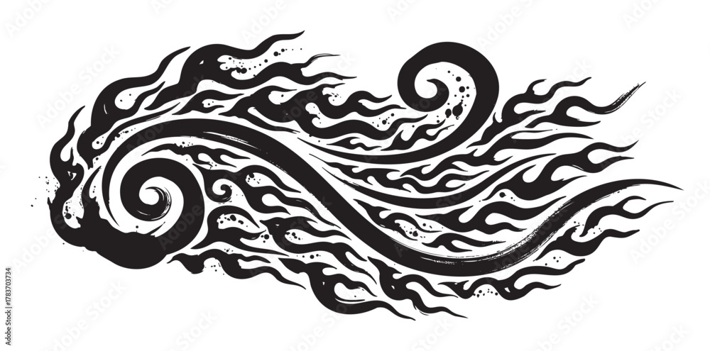 Fototapeta premium Intricate black and white tribal flame tattoo design with swirling patterns and curving elements, symbolizing movement and energy.