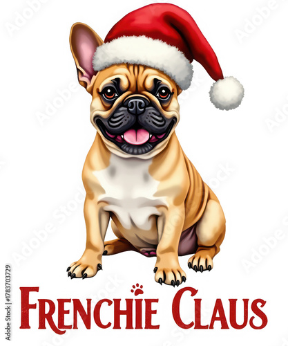 Cute french bulldog wearing a santa hat, sitting and smiling, with the text frenchie claus below, isolated on transparent background