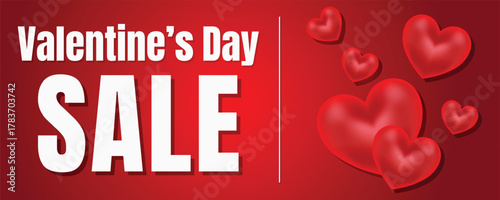 Valentine’s Day big sale promotional banner. Elegant red background with 3D floating hearts and bold white text for marketing, promotion, and shopping