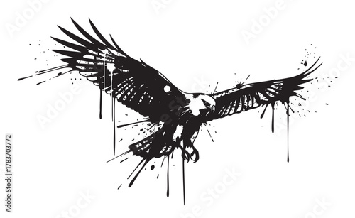 Black ink splatter depicting an eagle in flight with outstretched wings and splattered details for a dynamic effect.