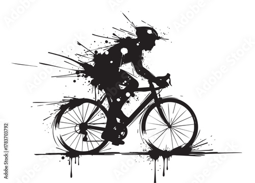 Ink splatter silhouette of a male cyclist riding a bicycle, captured in a dynamic and energetic pose with artistic paint splashes.