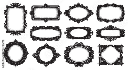A collection of ten intricately designed vintage black frames with ornate details, including rectangular, oval, and circular shapes, ideal for decorative purposes.
