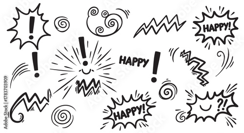 A collection of playful black and white doodles featuring exclamation marks, the word "happy," and various abstract swirl and zigzag shapes.