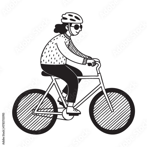 Black and white line drawing of a female, caucasian adult riding a bicycle while wearing a helmet and sunglasses.
