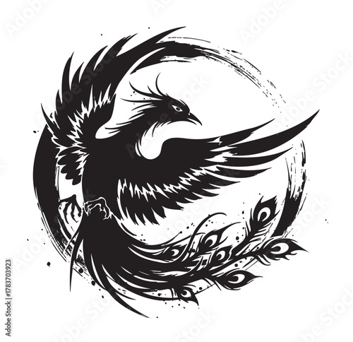 Black silhouette of a mythological phoenix in dynamic flight, surrounded by a circular brushstroke, symbolizing rebirth and strength.