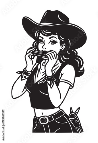 Female figure in a cowboy hat playing a harmonica with western attire and wavy hair, depicted in monochrome line art style.