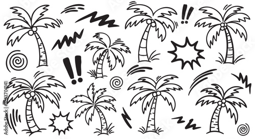 Black outline drawings of palm trees with dynamic symbols like exclamation marks, swirls, and zigzags, illustrating a lively and playful atmosphere.