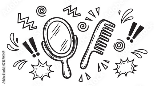 Hand-drawn black outline of a handheld mirror and a comb surrounded by decorative elements like swirls and exclamation marks.