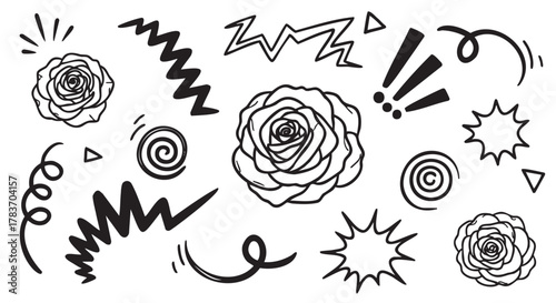 Black outline vector icon of abstract artistic elements including roses, zigzag lines, and spirals, arranged in a random pattern.