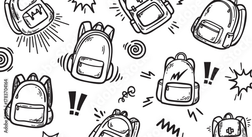 Black and white seamless pattern featuring hand-drawn backpacks with various doodles and exclamation marks, conveying a playful and dynamic design.