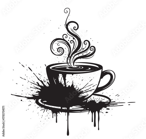 Artistic black ink illustration of a coffee cup with swirling steam and ink splatters on a white background.