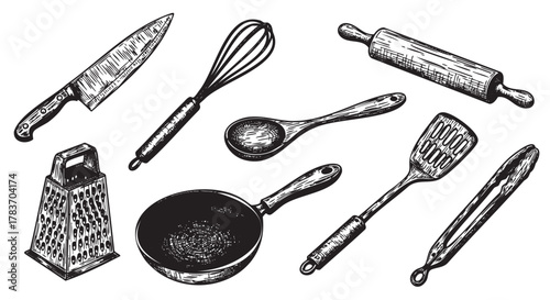 Black and white ink-style illustration of various kitchen utensils, including a knife, whisk, rolling pin, grater, spoon, spatula, and frying pan.