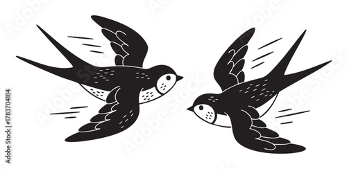 Stylized black and white illustration of two swallows in mid-flight, showcasing intricate feather details and dynamic motion lines.