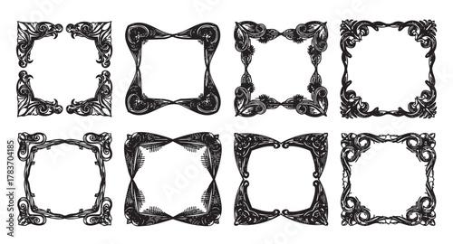 Eight intricately designed black ornamental frames with various decorative patterns, ideal for art, design, and crafting projects.