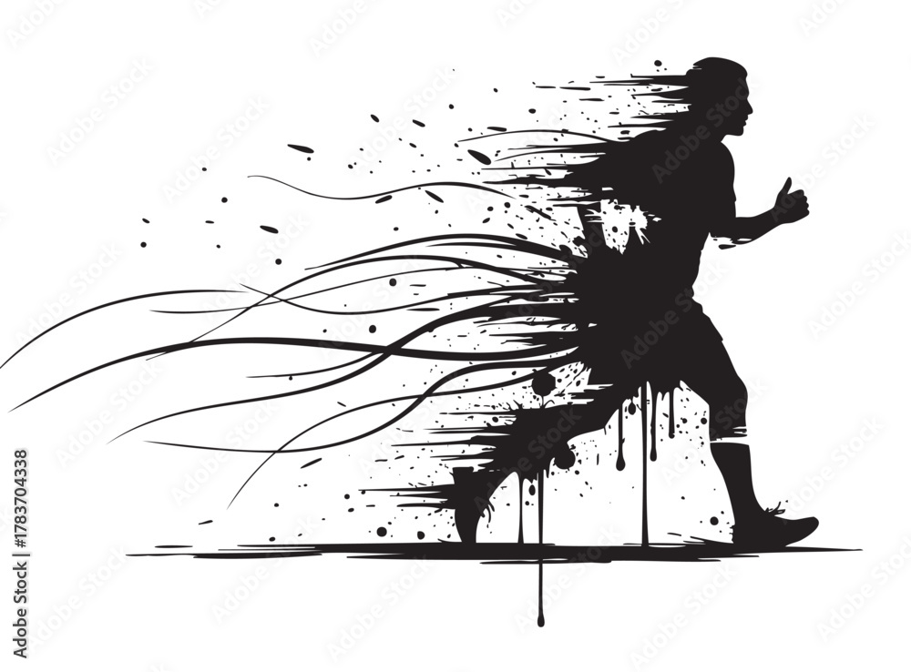 Fototapeta premium Silhouette of a running male figure blending into dynamic splatters and abstract lines, conveying motion and energy.