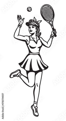 Black and white illustration of a female tennis player in a skirt and cap, in mid-serve with a tennis racket and ball, captured in dynamic motion.