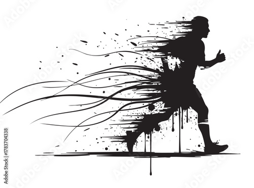 Silhouette of a running male figure blending into dynamic splatters and abstract lines, conveying motion and energy.