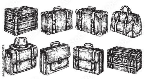Detailed black and white sketches of various vintage luggage, including trunks, suitcases, and a briefcase, showcasing different styles and types.
